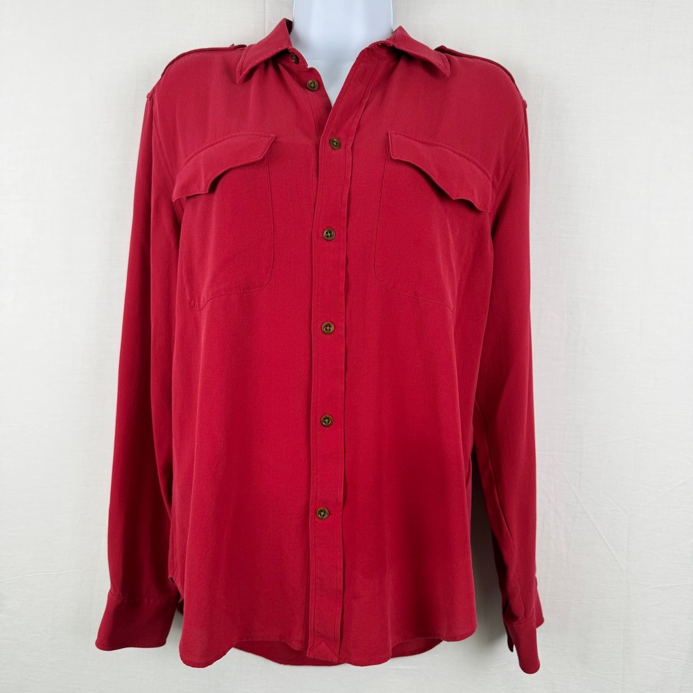 Ralph Lauren Red 100% Silk Utility Button Down Shirt Classic Fit Womens Size 12